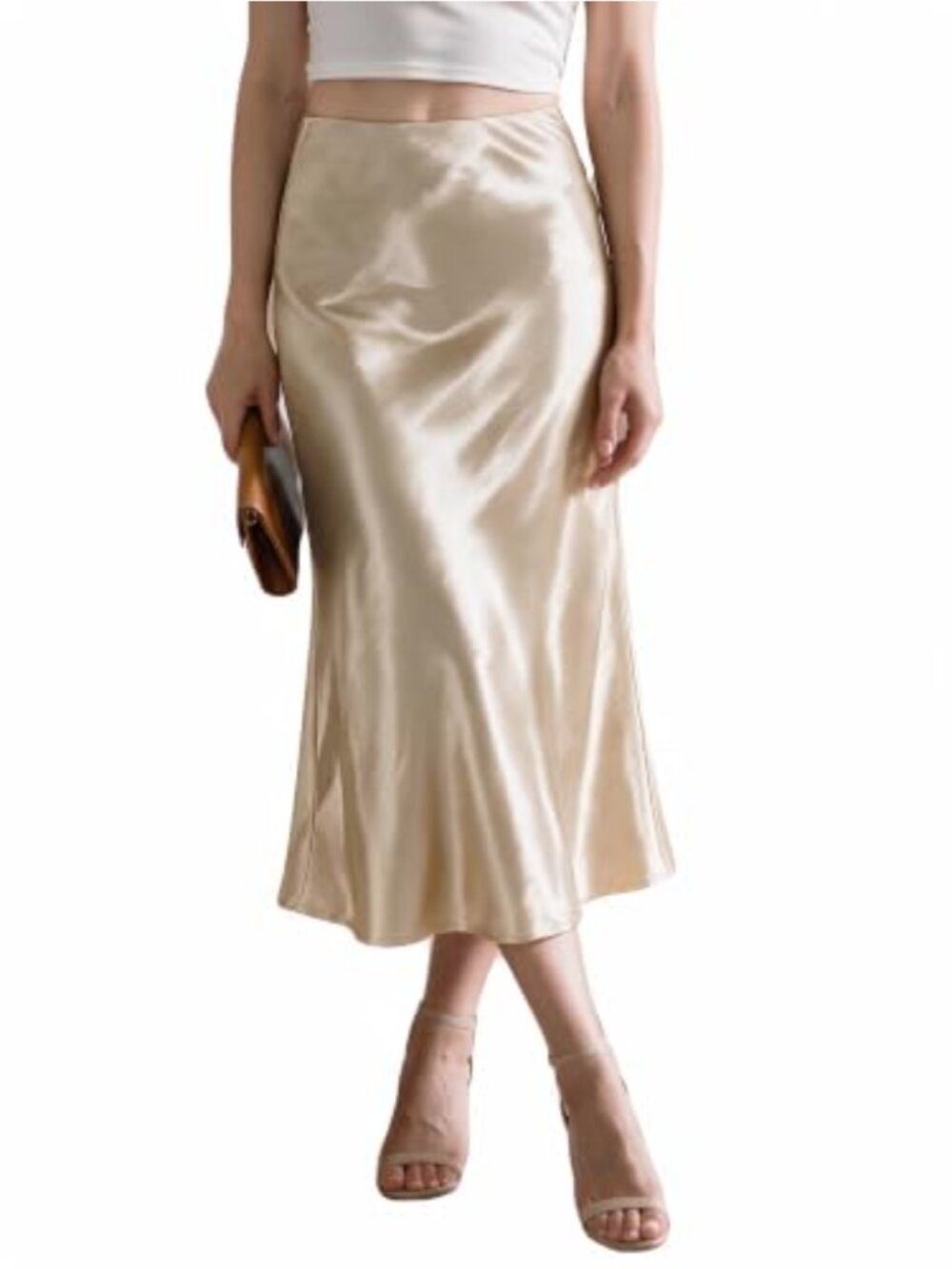 Silky Satin Midi Skirt A-Line Flared Elastic Waist Bias Cut